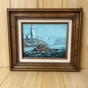 Vintage Lighthouse Nautical Oil Painting Sea Ocean Seagulls Signed D Vander